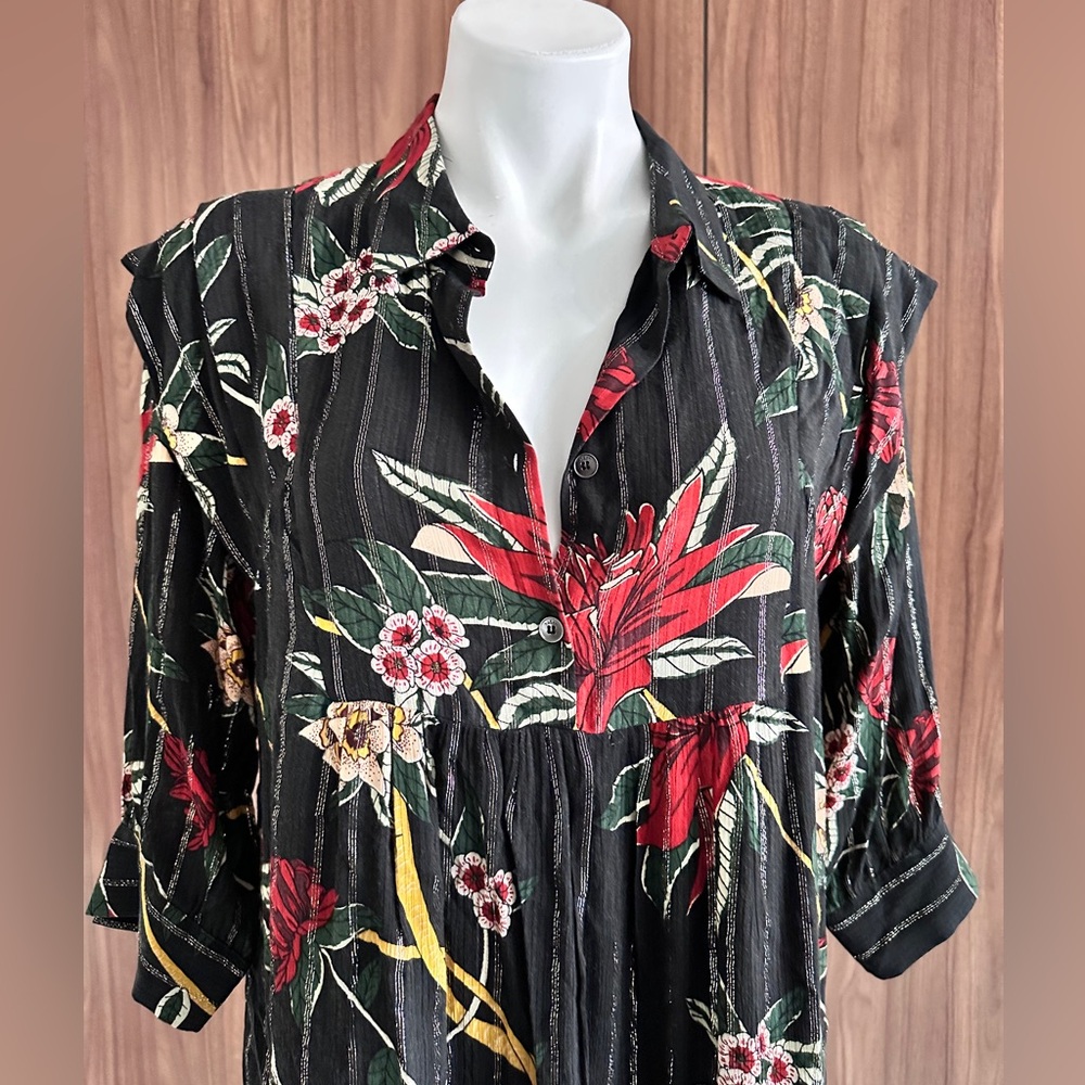 ba&sh Paprika Dress floral print Noir black mini popover swing shirtdress Size 1 - Picture 9 of 15